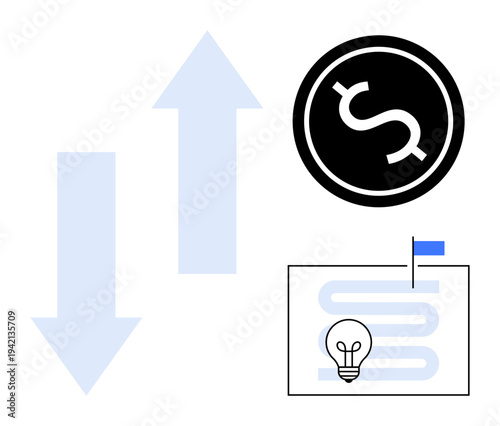 Financial planning. Visual elements financial planning with money, innovation, and strategy. Financial planning involves growth strategies, innovation, and market analysis. Suitable for finance