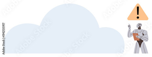 Data security, technology risks, AI monitoring, cloud storage, error management, automation safeguards. A robot with a clipboard points at a warning symbol beside a cloud graphic. Data security