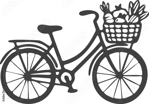 Hand drawn illustration of a vintage city bicycle with a front basket full of fresh vegetables