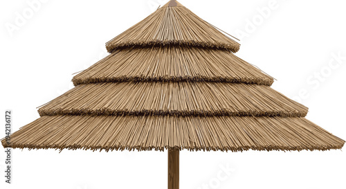 Tropical thatched beach umbrella vector illustration, summer vacation straw parasol for sun shade, cad drawing flat vector illustration, travel.