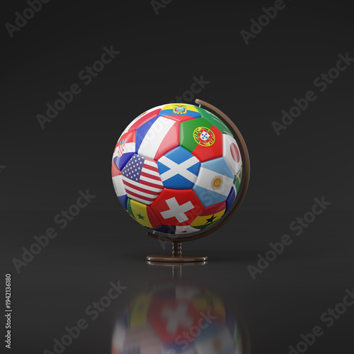 Globe shaped like a soccer ball with the colors of the countries participating in the World Cup. 3D illustration.