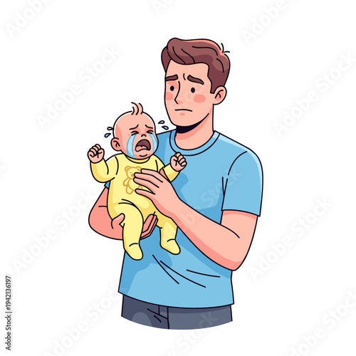 Father holding crying toddler trying to comfort child illustration