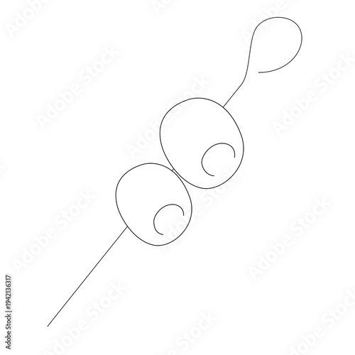 Minimalist line-art vector doodle of two olives on a cocktail pick. Clean black and white aesthetic for bar menus, kitchen branding, and modern lifestyle illustrations.