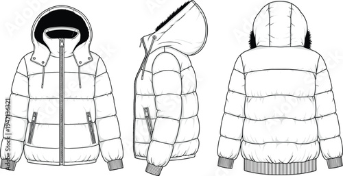 Technical fashion flat sketch of a puffer jacket with hood, front, side, and back views, CAD drawing flat vector illustration.