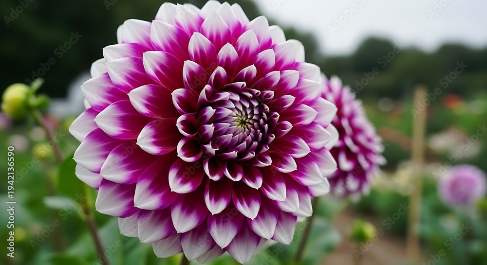 Fototapeta premium Beautiful purple and white dahlia flowers in a garden setting outdoors in nature