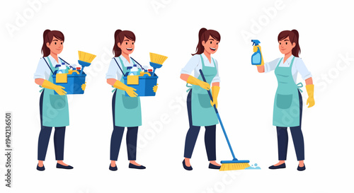 Female cleaner character in various poses, holding cleaning supplies, mopping floor, and spraying, on a white background.