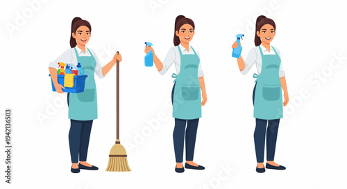 Cartoon illustration of a female cleaner or housekeeper with cleaning supplies and a broom, and holding a spray bottle.