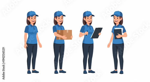 Four poses of a female delivery worker in blue uniform, holding a package, clipboard, and tablet.
