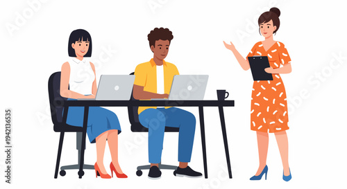 A diverse team of three colleagues collaborating and discussing work in an office setting with laptops.