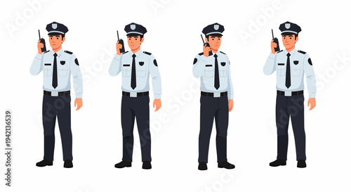 Four male security guards in uniform holding walkie-talkies, standing in a row on a white background.