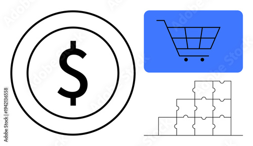 E-commerce concept. Dollar sign, shopping cart, and puzzle pieces e-commerce, business strategy, and problem-solving. E-commerce supports online shopping, financial transactions, and planning