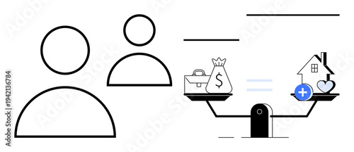 Financial balance concept. Financial balance illustrated with scales comparing money to housing and health. Financial balance for savings, real estate, investments, economics, and decision-making