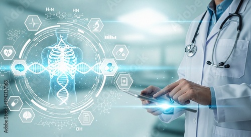 Futuristic Medical Data Analysis: Doctor with Holographic Human Anatomy and DNA on Digital Tablet