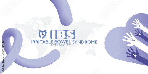 Vector illustration for bowel disease awareness month "IBS" with purple ribbon symbol. Medical concept highlighting digestive health, prevention, support, global campaigns for chronic gastrointestinal