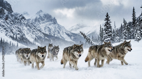 Gray wolves run across a snowy mountain valley. Pine trees line the ridges under a heavy overcast sky.