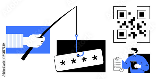 Cybersecurity education, online safety tips, digital security awareness, phishing prevention, password management, QR code technology. A hand fishing sensitive data and a QR code design