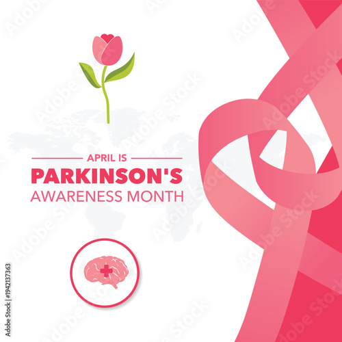 Vector illustration for Parkinson’s Awareness Month featuring tulip flower, brain and awareness ribbon. Medical concept highlighting neurological disease awareness, support, research, and global campa