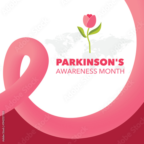 Vector illustration for Parkinson’s Awareness Month featuring tulip flower and awareness ribbon. Medical concept highlighting neurological disease awareness, support, research, and global campaigns