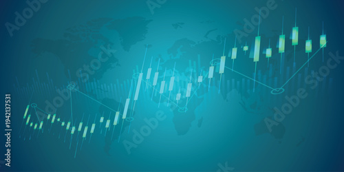 Abstract financial market background with glowing stock charts, candlestick graph, and rising arrow. Concept of investment growth, trading analytics, fintech technology, and global economic success.