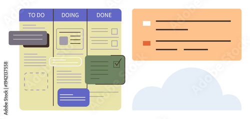 Productivity, task organization, workflow visualization, project management, team collaboration, efficiency. Kanban board design with activity columns and task cards. Productivity and task