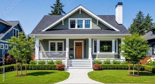Classic American Craftsman Bungalow Home Exterior with Sage Green Siding White Trim and Front Porch on a Bright Sunny Day in a Well-Maintained Suburban Neighborhood