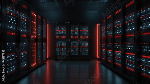 Modern Data Center Server Racks With Cyber Red Neon Accent Lighting