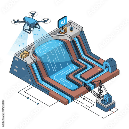 AI-powered drone monitoring a hydroelectric dam, showcasing advanced technology in renewable energy infrastructure management.