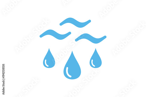 A minimalist vector illustration of blue raindrops and wavy lines on a white background, symbolizing precipitation and weather.
