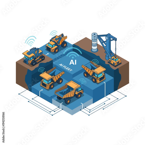 Illustration of an AI-powered autonomous mining fleet operating in a quarry with connected heavy machinery and data networks.