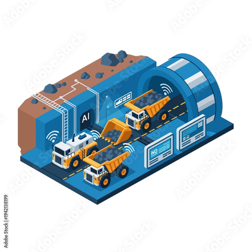 Autonomous mining trucks operating in a smart tunnel, utilizing AI and sensor technology for efficient material transport and monitoring.