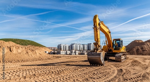 Yellow Hydraulic Excavator at Active Construction Site with Modern Buildings Under Blue Sky