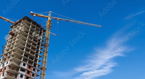 Urban Development: Low-Angle Shot of a Tall Concrete Building Under Construction and a Bright Yellow Tower Crane Under a Clear Blue Sky