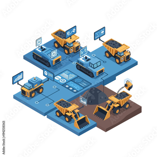 Automated mining operation with autonomous trucks, loaders, and robotic systems connected via a digital network for efficient resource extraction.