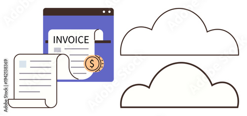 Billing systems, accounting services, cloud storage, financial transactions, online business tools, record management. Digital invoice with payment symbol and two cloud icons. Billing systems