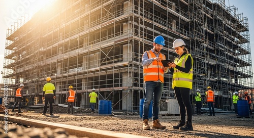 Professional Construction Workers Reviewing Digital Plans on Tablet at an Active Building Site with Scaffolding Bathed in Warm Sunlight