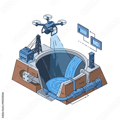 Drone inspection of a water intake structure, monitoring flow and detecting potential issues with advanced technology.