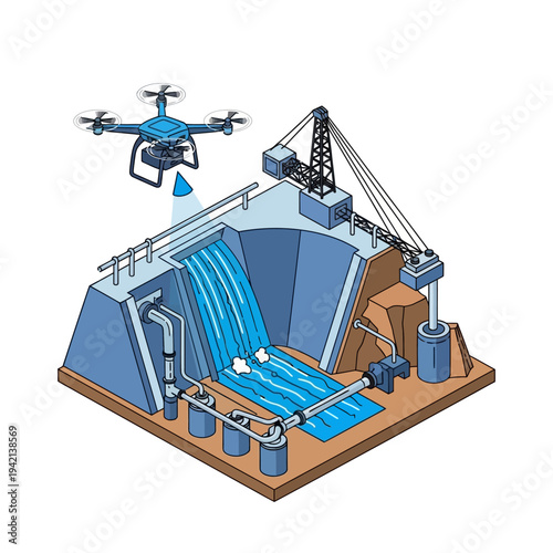 Illustration of a drone inspecting a hydroelectric dam, showing water flow, turbines, and construction equipment.