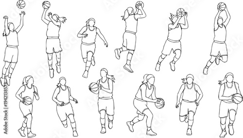 Women's basketball vector set. Line art illustrations of female athletes in motion for sports poster design, apparel prints, fitness concepts, and team logos