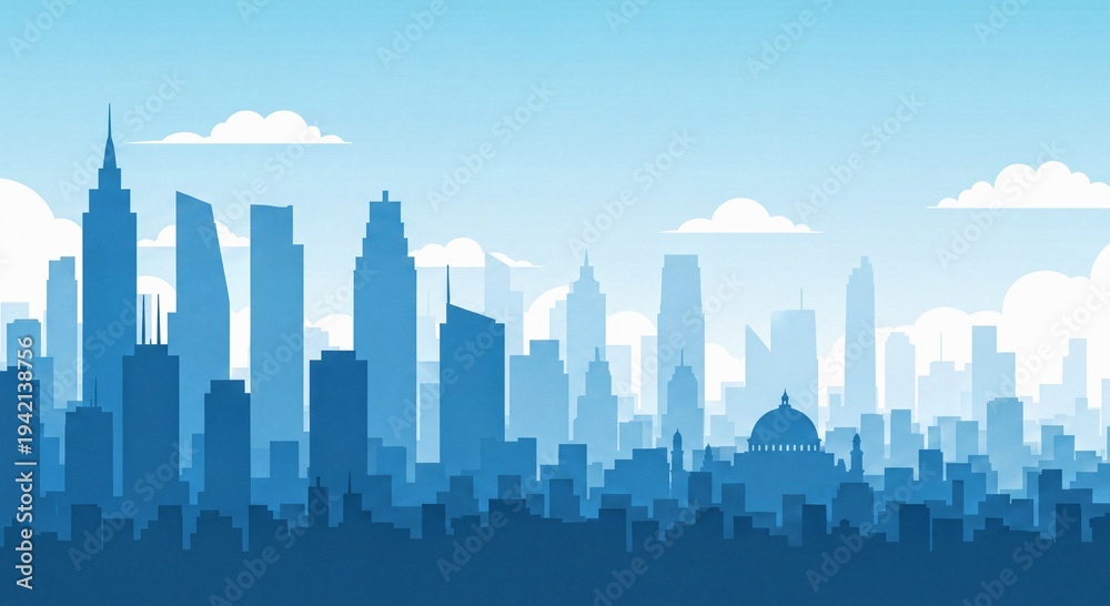 Fototapeta premium Minimalist Vector City Skyline Illustration Blue Monochromatic Panoramic Modern Cityscape