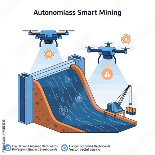 Autonomous drones utilizing AI and sensors for smart mining operations, monitoring dam integrity and resource extraction with digital twin technology.