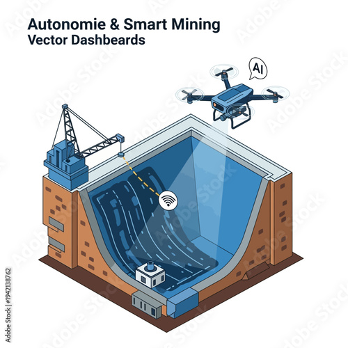 Autonomy and Smart Mining: Vector Dashboards Illustrating Advanced Mining Operations with Drones and AI.