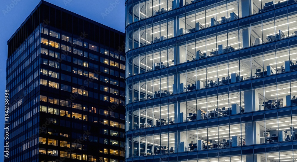 Obraz premium Contrasting Modern Office Buildings at Dusk Illuminated Interiors Revealing Late-Night Urban Activity