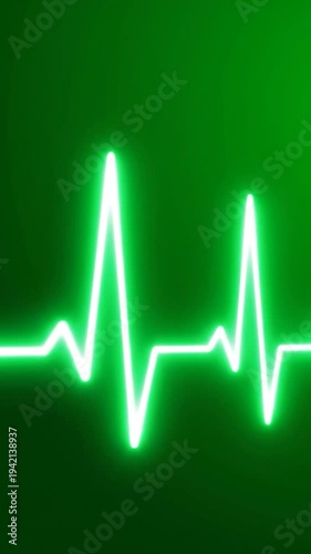 A bright green neon heart rhythm line pulses on a dark green background