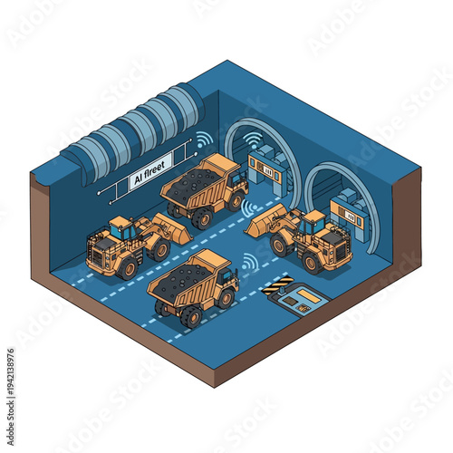 Autonomous mining vehicles operating in an underground tunnel, showcasing AI-driven logistics and automated operations.