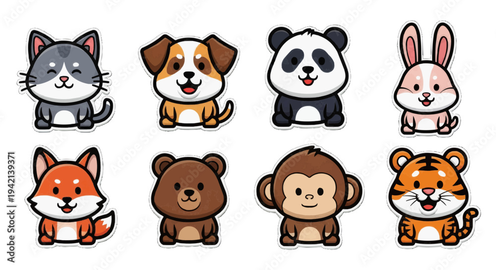 Fototapeta premium Playful grid of eight cartoon animal faces on white background illustration