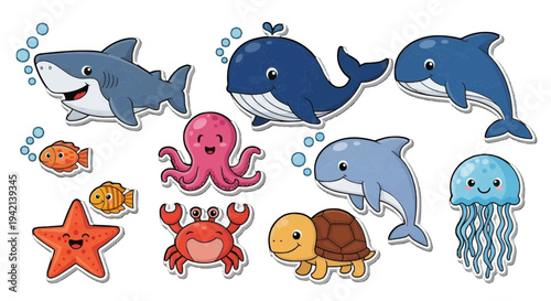 Collection of 11 colorful ocean creatures arranged in three rows on white background