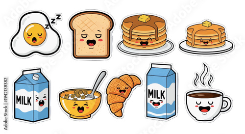 Cheerful cartoon breakfast characters smiling on white backdrop in two rows