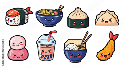 Playful Cartoon Sushi Mochi Ramen Bubble Tea Sticker Sheet on White