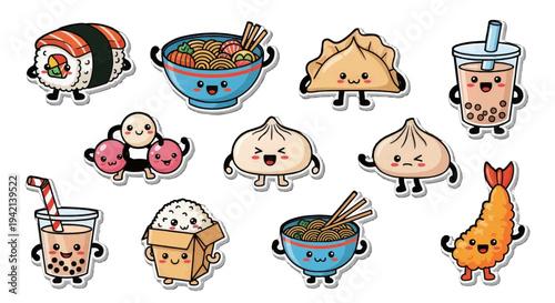 Playful cartoon sushi dumpling mochi macaron noodle bubble tea cake sticker set on white backdrop