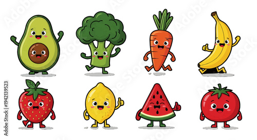 Cheerful Cartoon Fruits and Vegetables on White Background in a Playful Arrangement